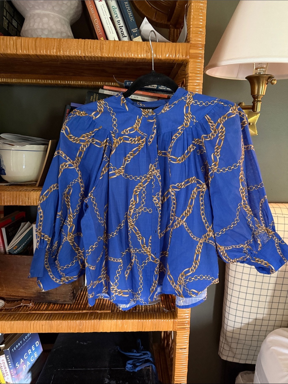 Maeve Royal Blue Chain-Print Peasant Blouse